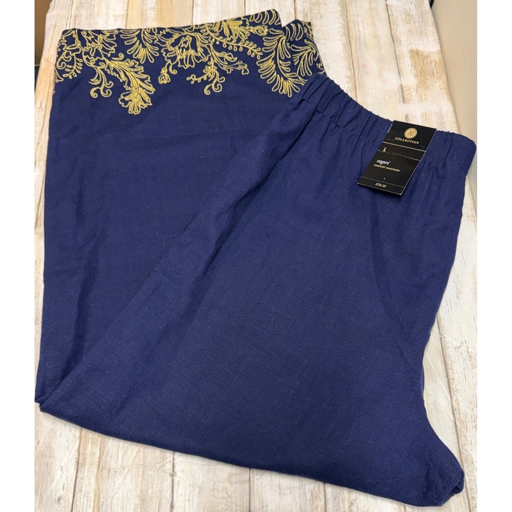 JM Collection Capri Pants Intrepid‎ Blue Gold Embroidered Linen Blend NWT Large